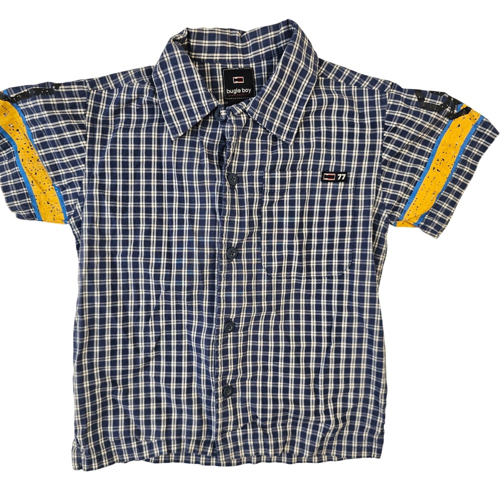 Bugle Boy Boys Blue Plaid Short Sleeve Button Down Shirt Size 4 Retro 77 Patch